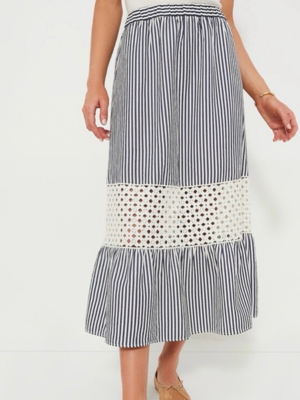 Tuckernuck Navy and White Striped eyelet Hana Midi Skirt